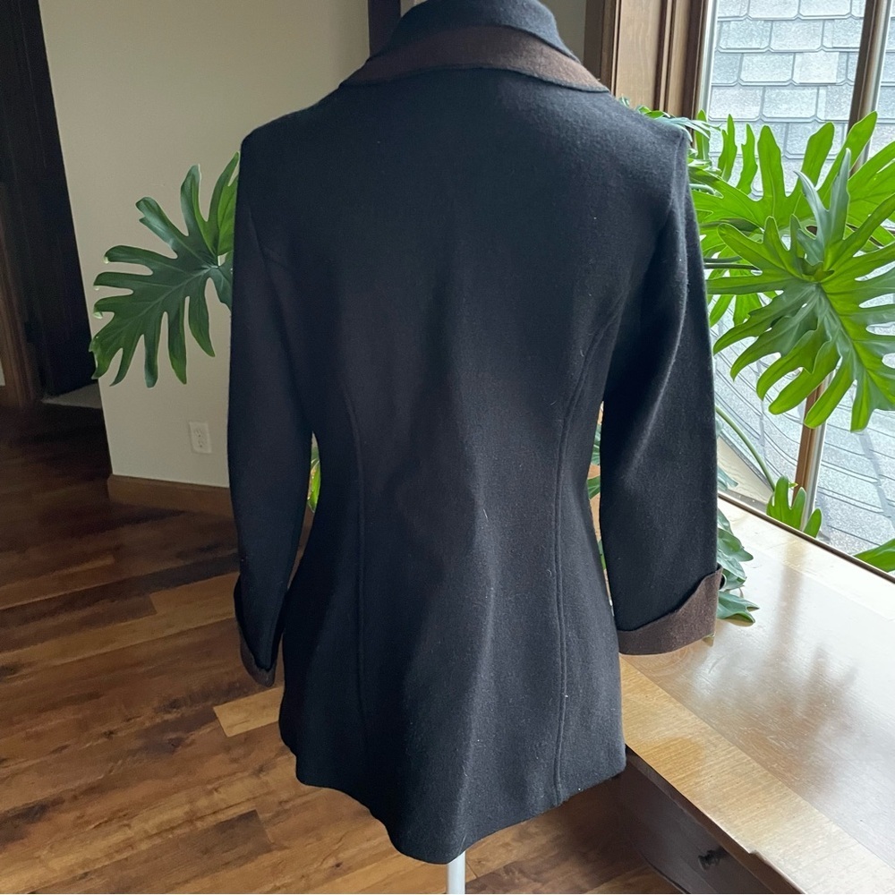Icelandic Design Black & Brown Wool Coat with Metal Buttons Stand Collar Detail - Picture 5 of 15